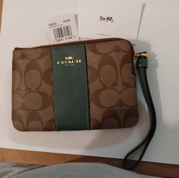 ♦Coach VTG Corner Zip Wristlet F58035-Khaki & Dark Turquoise- Brand New With Tag - Picture 7 of 16